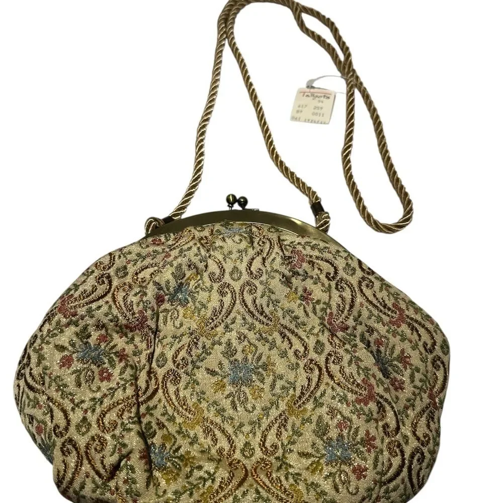 Talbots Vintage 1970 Floral Brocade Evening Bag Gold Rope Strap Clutch Purse